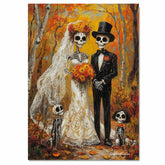 Skeleton Wedding Family in Autumn Forest – Día de los Muertos Style Painting with Floral Details on Ready to Hang 1.5" Thick Canvas Wrap, Floating Framed Canvas, Flat Rolled Canvas